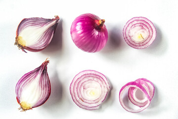 set of onion slices isolated on white background