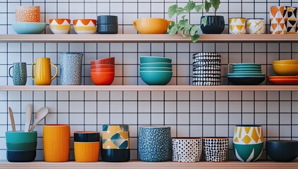 Colorful kitchenware on wooden shelves against a white grid wall