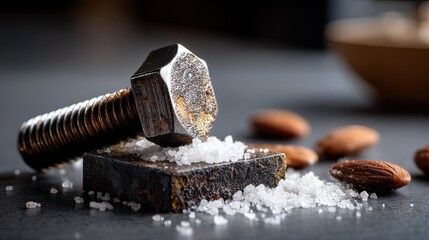 Rusty bolt crushing salt, almonds, dark background, food photography