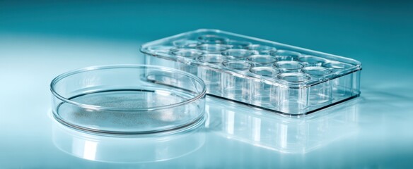 The laboratory glassware including a petri dish and multi-well plate on a reflective surface.