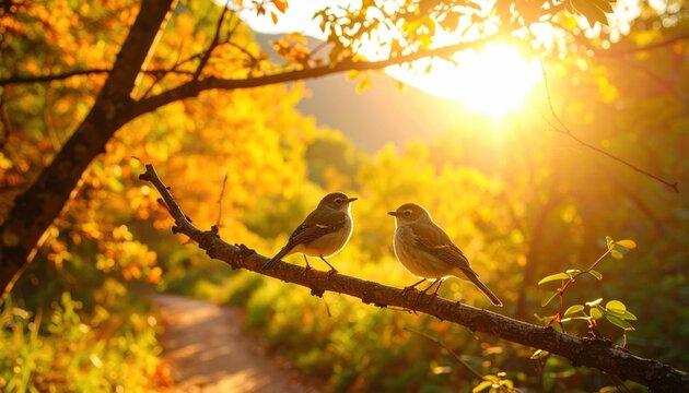 Two birds perch on a branch sun shining through the golden autumn foliage creating a warm tranquil scene in the forest - Powered by Adobe