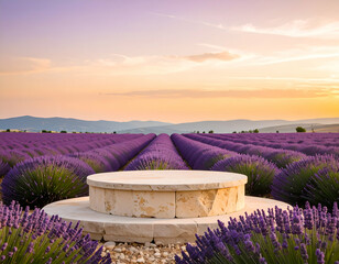 Serene Lavender Field Sunset  Monolithic Podium in Tranquil Landscape