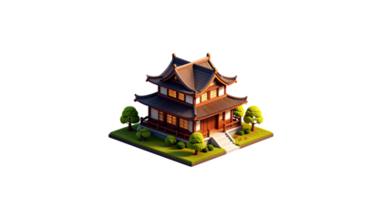 Traditional Chinese temple with ancient architecture isolated on white background