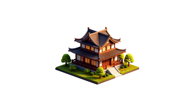 Traditional Chinese temple with ancient architecture isolated on white background