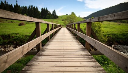 Obraz premium Wooden bridge extends across a grassy landscape with rolling hills and coniferous trees under a blue sky with wispy
