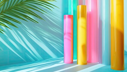 Colorful cylindrical shapes casting shadows on a teal wall, with a palm leaf