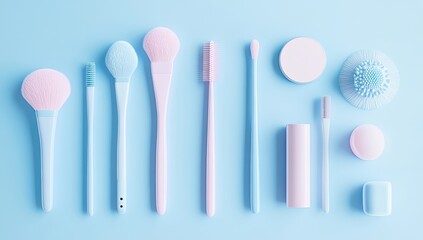 Pastel makeup and skincare tools arranged on a light blue background