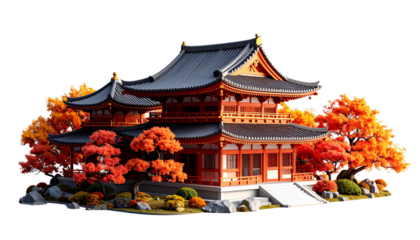 Traditional Chinese temple with ancient architecture isolated on white background