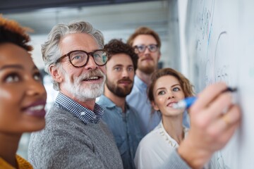 Collaborative team brainstorming session in a modern office, with a senior man writing on a whiteboard