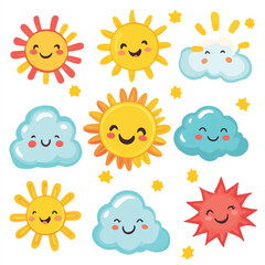 cute smiling suns and fluffy clouds for stiker