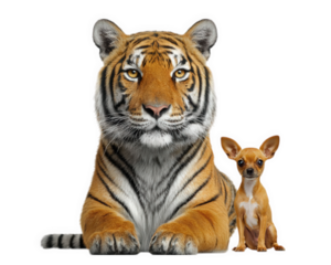 Tiger chihuahua animal pet mammal isolated transparency background sitting together contrast large small fur alert attentive wild domestic cute unique pair friendship nature portrait looking front