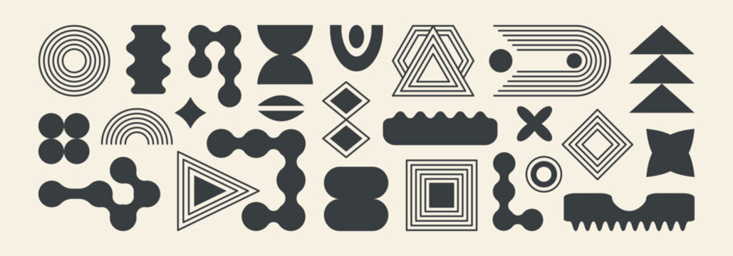 Abstract shape element, line brutalist figure, geometry set. Organic bauhaus retro form on beige bg. Minimal futuristic sticker, spiral frame mid century, basic black label. Simple vector illustration