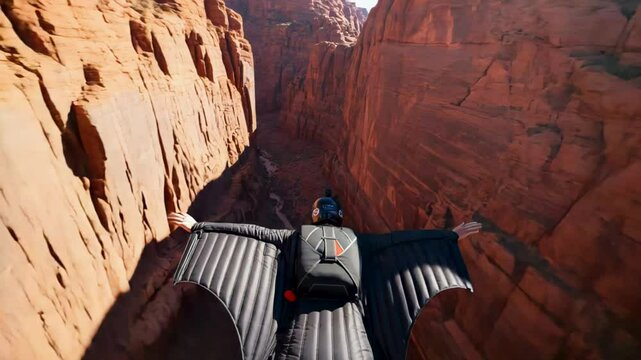 A wingsuit flight dives between sandstone cliffs, wingsuit flight dances on thermal lift, and wingsuit flight echoes courage, concept extreme adventure