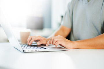 Businessman s hands typing on laptop keyboard in morning light computer, typing, online
