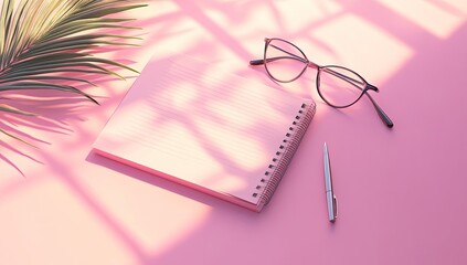 Pink desk with notepad, glasses, pen, and palm leaf. Sunlight casts shadows