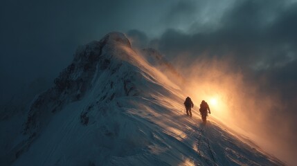 Two mountaineers climbing a snowy mountain side at sunset, golden sunlight illuminating their faces while connected by rope, dramatic cloudy sky, cinematic and photo-realistic outdoor adventure scene.