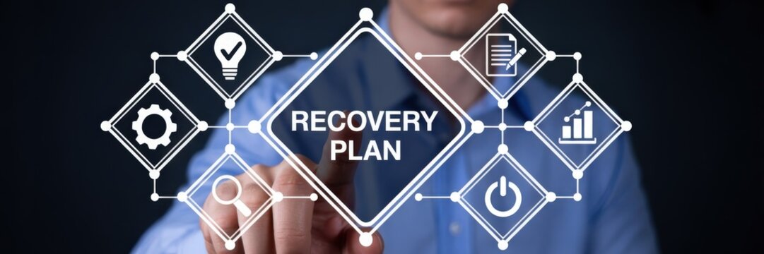 A business recovery plan is displayed on a touch screen.