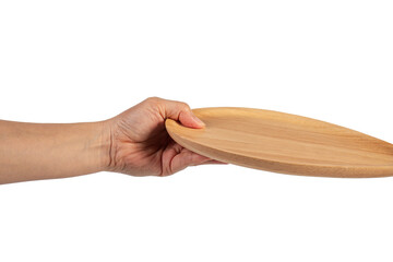 Oval wooden plate in hand on transparent background