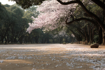 serene park filled with blooming trees soft sunlight filtering through branches creating peaceful atmosphere