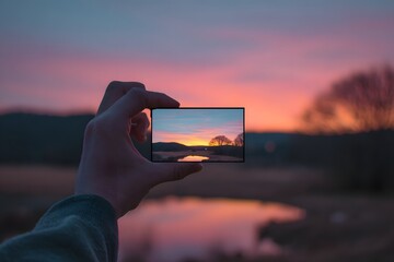Capturing Sunset: Hand Holding Phone.