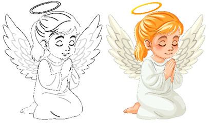 Kneeling Angel with Halo and Wings Illustration