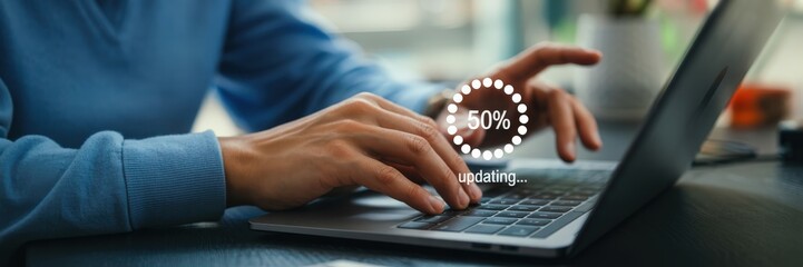 Person working on a laptop computer with an updating progress bar.