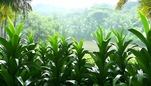Lush tropical foliage frames a misty river landscape with vibran - Powered by Adobe