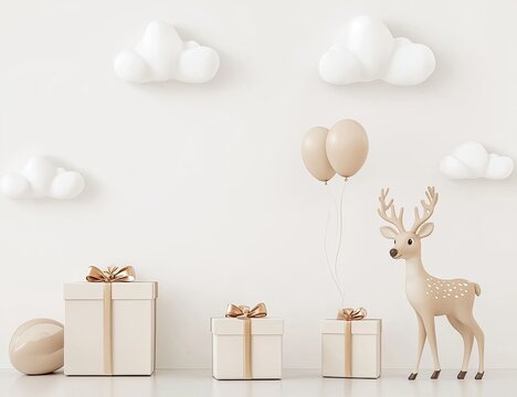 A beige and white children's room scene.  Soft pastel colors, featuring clouds, balloons, a deer, and presents