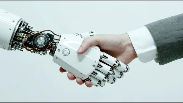 Metallic robotic hand joining human hand, white backdrop highlighting technological partnership and collaborative potential of ai workplace interaction