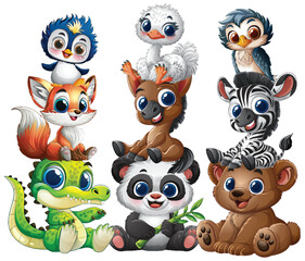 Naklejka premium Adorable Baby Animals in Cartoon Style