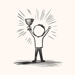 silhouette of a man with winning gesture with a trophy in hand sketch hand drawn vector line art black isolated on white background