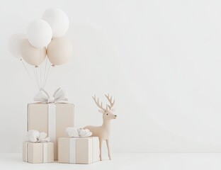 Beige gift boxes, balloons, and deer figurine on a white wall