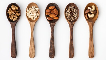 Wooden spoons filled with various nuts arranged on a white background