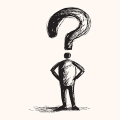 sketch of a stick figure with a question mark on head confused sketch hand drawn icon black isolated on white background vector line art