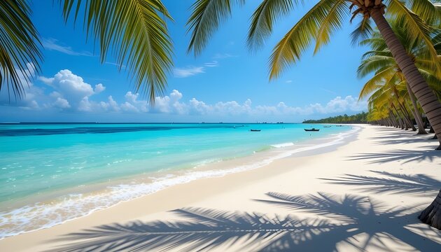 Sunny beach with clear turquoise water and white sand, palm trees swaying - Powered by Adobe