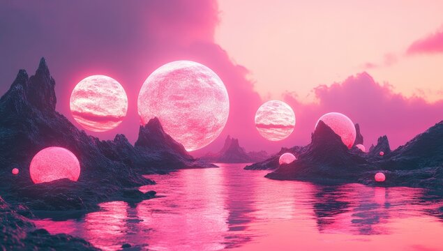 Pink, surreal landscape with floating spheres. A tranquil scene of dark, rocky mountains bordering a still body of water.  Large, pink, spherical objects float in the air