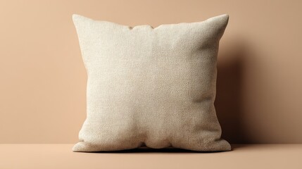 Square cream color pillow mockup isolated on matching cream background with soft texture and minimalistic design, perfect for home decor and interior styling presentations.