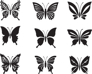 butterflies, butterfly silhouettes, butterflies art, black and white butterfly illustrations, vector butterfly designs, simple butterfly shapes, monochrome butterfly icons
