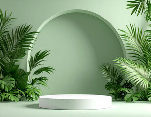 Serene Sage Green Room with Botanical Arch and Minimalist Podium