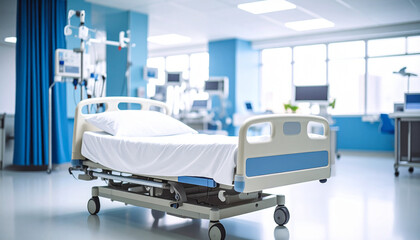 Close-up of an empty bed against a blurry background of a modern hospital.
