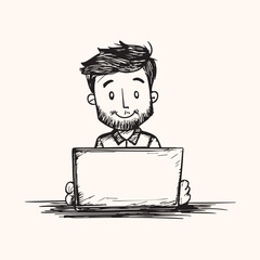 a happy man working in laptop cartoon sketch line art portrait black vector isolated on white background