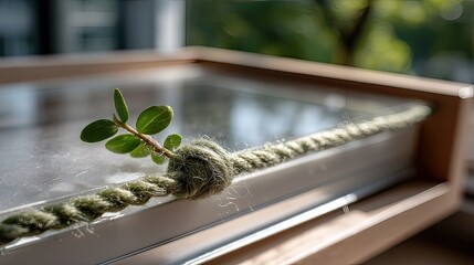 Plant sprout tied with rope on windowsill, sunny background