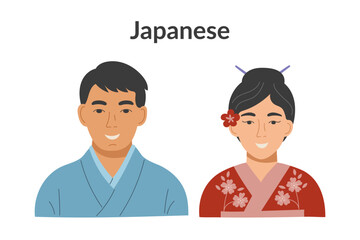 Fototapeta premium Japanese ethnicity people wearing traditional clothes isolated on a white background. Man and woman. Vector flat clipart.