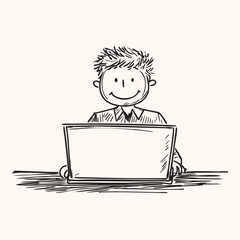 a happy man working in laptop cartoon sketch line art portrait black vector isolated on white background