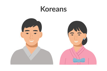 Obraz premium Korean ethnicity people wearing traditional clothes isolated on a white background. Man and woman. Vector flat clipart.