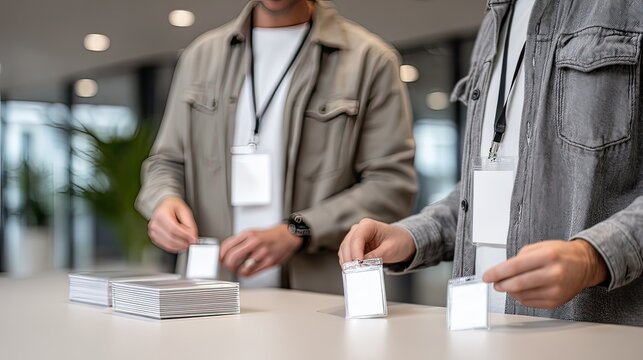 Conference attendees collect name tags at registration desk