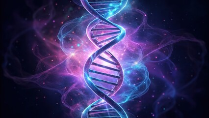 Glowing Double Helix in Purple and Blue Tones with Cosmic Background