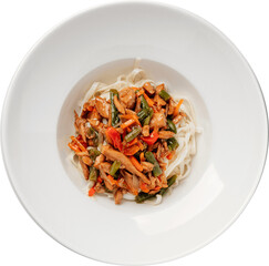 A mouthwatering plate of chicken stir-fry and noodles, ready to enjoy!
