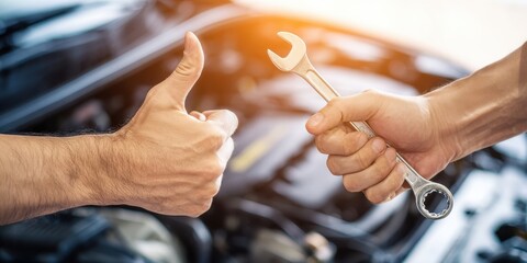 The hands exchanging a wrench signify teamwork in automotive repair.
