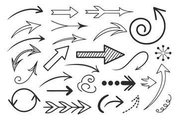 Vector Arrow Icons in Hand-Drawn Sketch Style Featuring Curved and Circular Black Lines. Perfect for UI Navigation Layouts, Infographics, and Creative Presentations.

